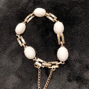 8” Gold Plated Vintage Scarab Milkglass Bracelet with Double Lock Safety Catch